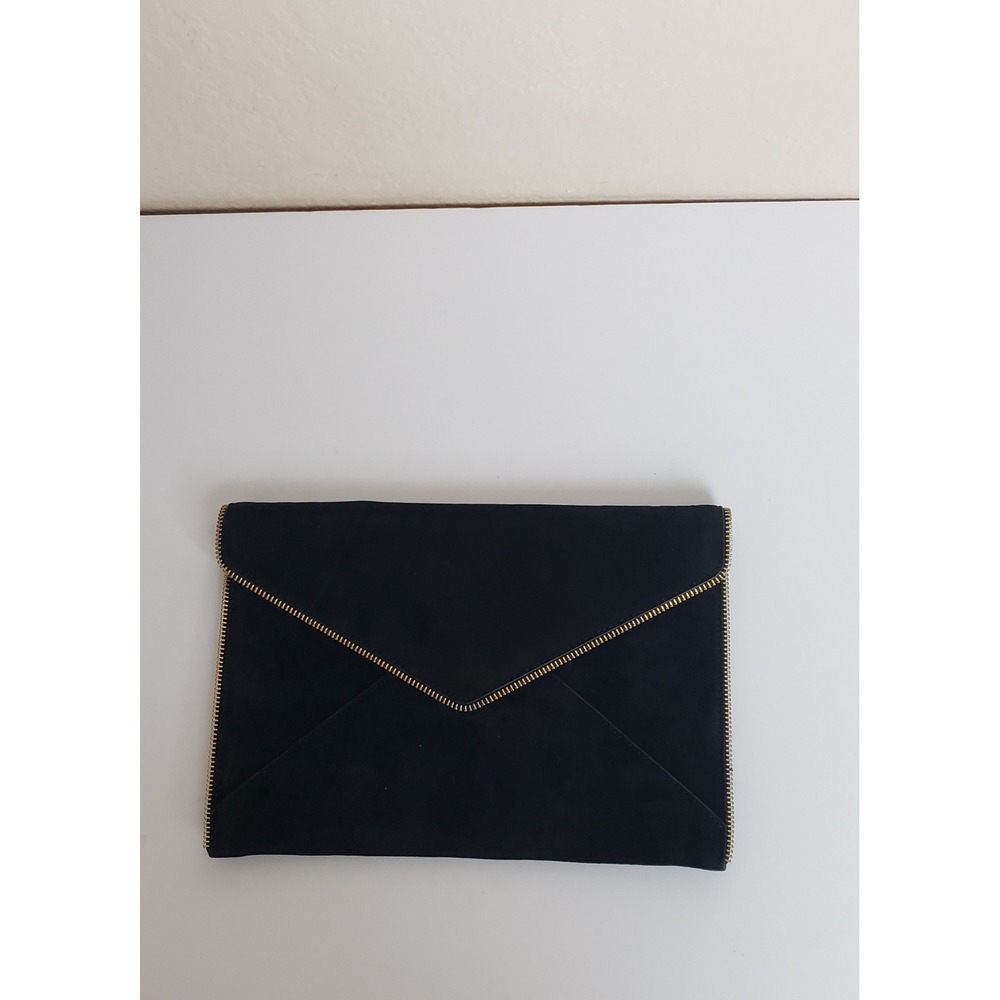Rebecca Minkoff Leo Clutch Black Suede Gold Zipper Trim Envelope Bag Chic Fall